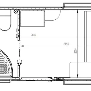 Dimensioned floor plan of 4m accommodation unit with bathroom and sofa bed, QLD