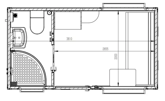 Dimensioned floor plan of 4m accommodation unit with bathroom and sofa bed, QLD
