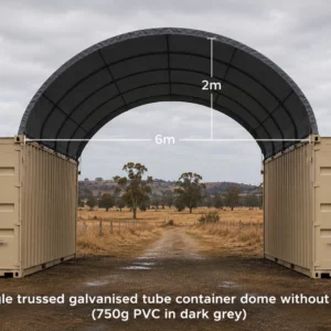 6x6m open-ended galvanised container dome shelter between two containers, QLD