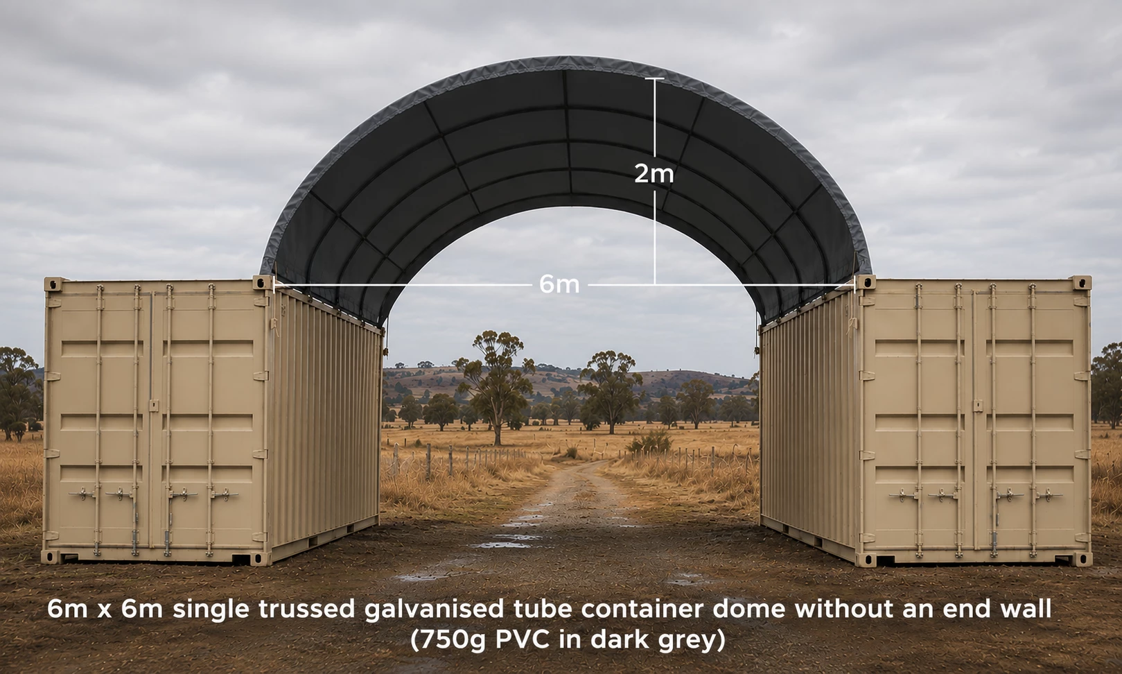 6x6m open-ended galvanised container dome shelter between two containers, QLD