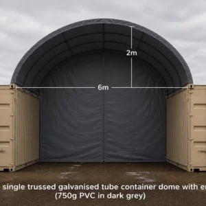 6x6m galvanised container dome shelter with end wall between two containers, QLD