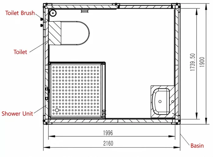 Floor plan of portable ensuite with shower, toilet and basin, QLD